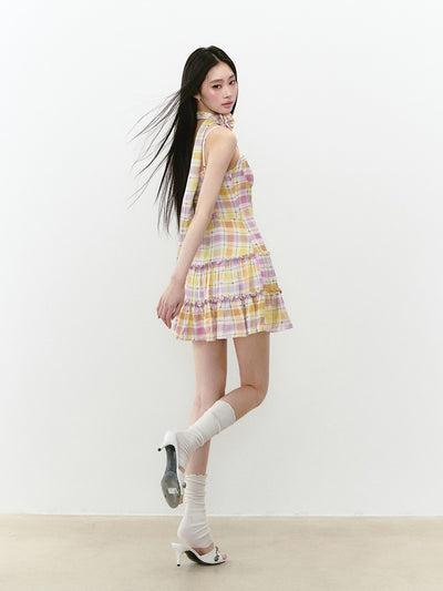 Plaid Sling Stitching Dress/Ribbon VIA0233