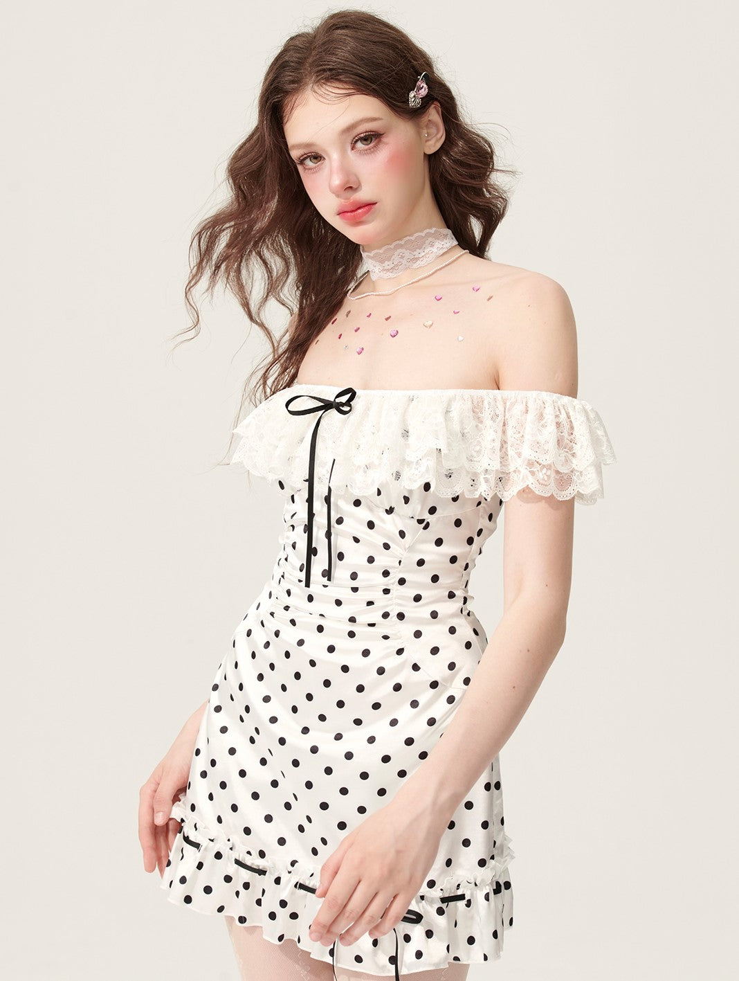 White Polka Dot Lace One Shoulder Dress DIA0177