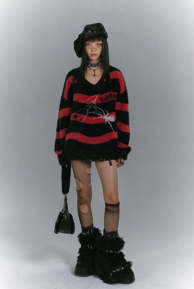 V-neck Spider Loose Striped Sweater KIN0147
