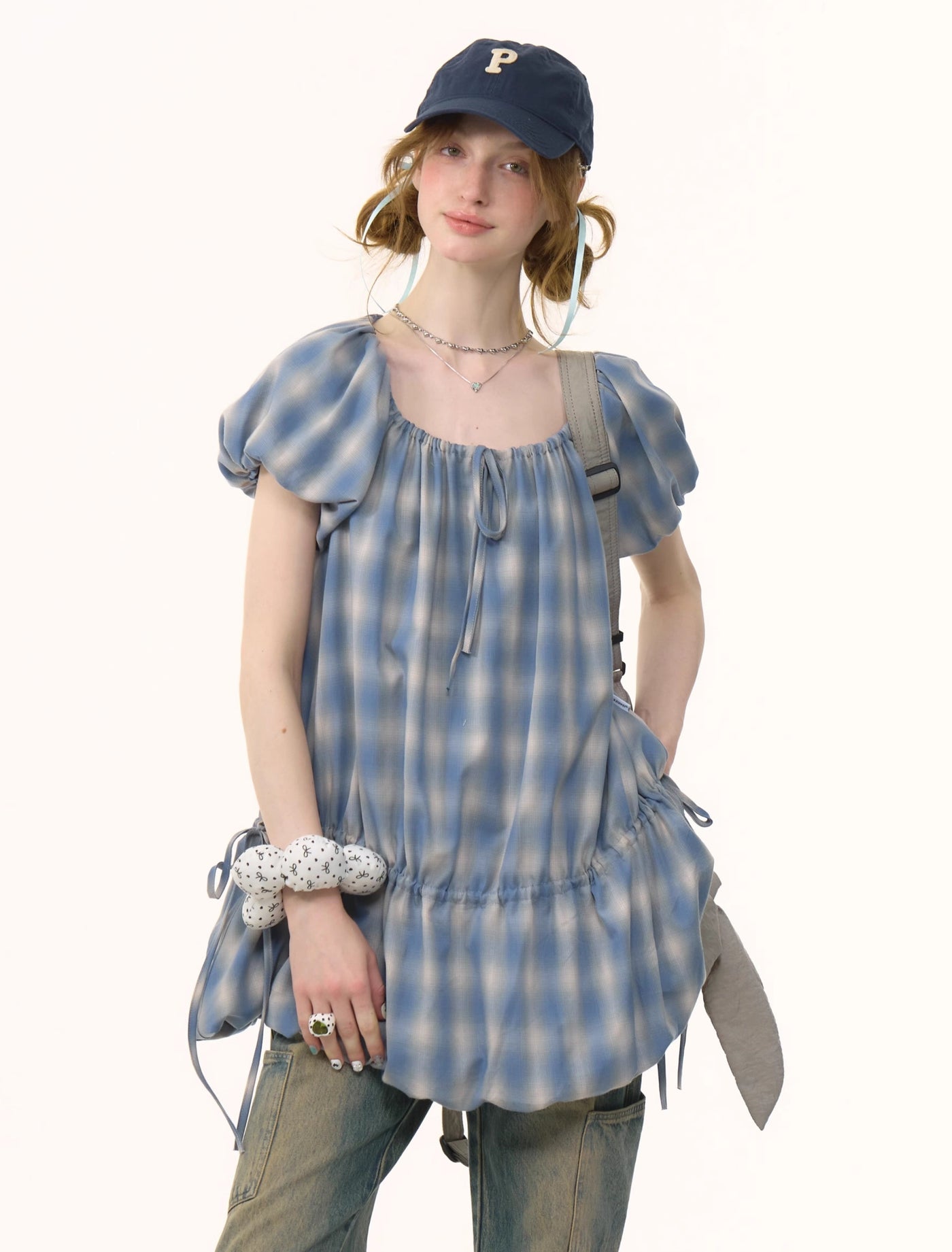 Blue Plaid Puff Sleeve Dress ZIZ0256