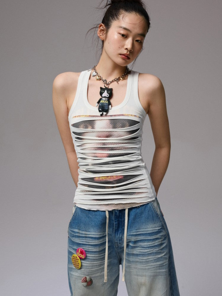 Irregular Hole Cat Print Sleeveless Top JIN0034
