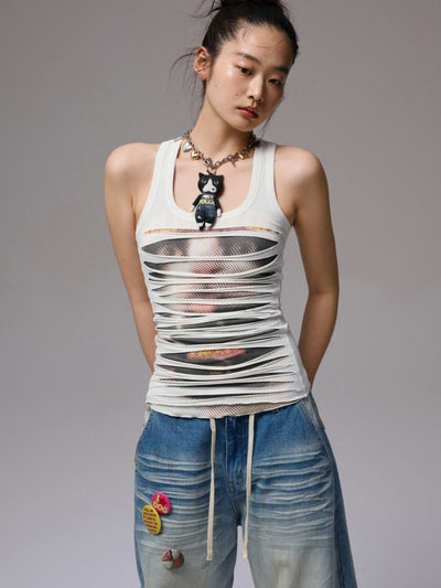 Irregular Hole Cat Print Sleeveless Top JIN0034