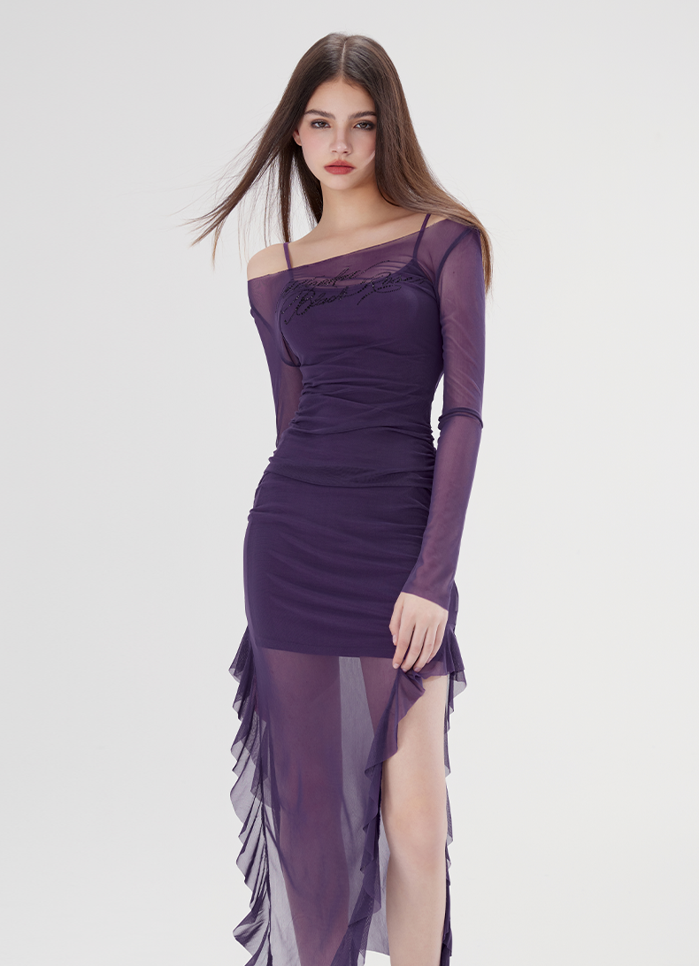 Elegant Slit Purple Mesh Dress WOO0095