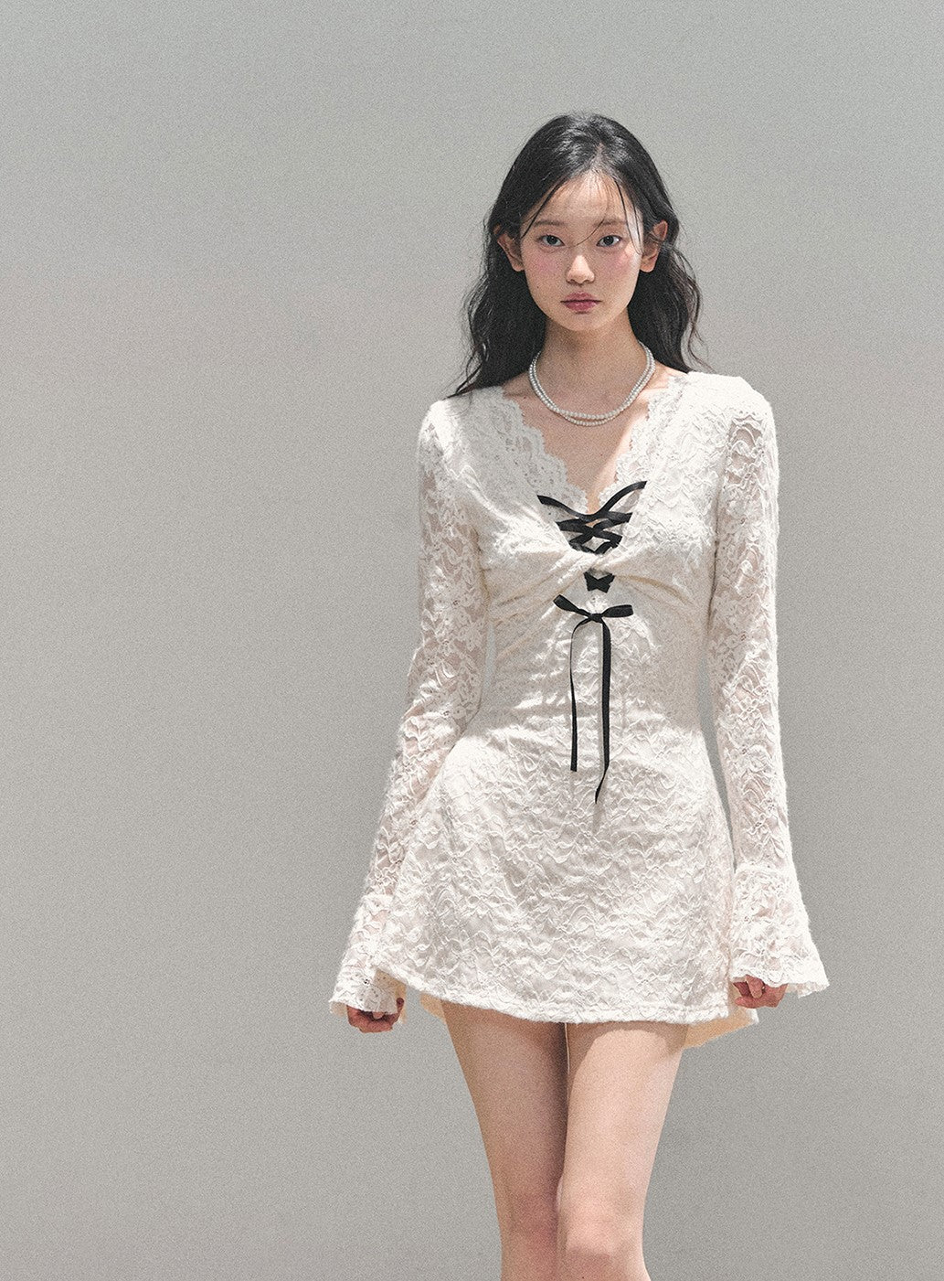 V-neck Long-Sleeved Lace Dress DIA0727