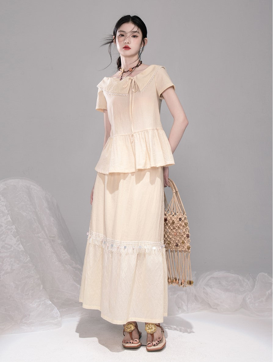 Cream Lapel Short Sleeve Top/Skirt COT0324
