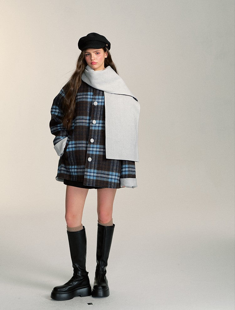 Double-sided With Scarf Retro Casual Plaid Short Woolen Coat QDQ0083