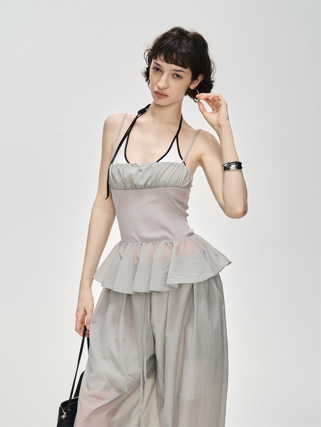 Translucent Pleated Loose Drawstring Pants CUR0231