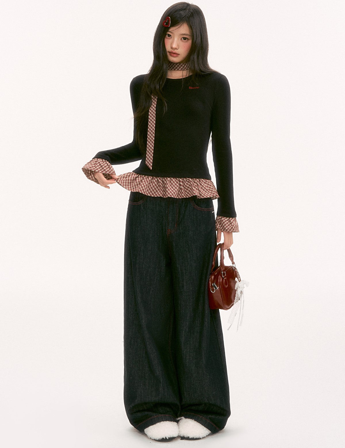 Plaid Tie-Waist Ruffled Long-Sleeved Sweater WEE0133