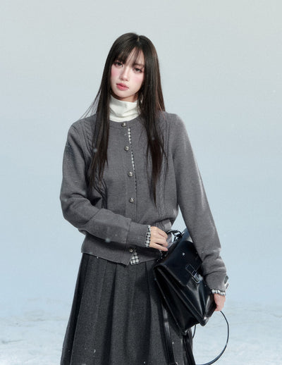 Cable Knitted Patchwork Plaid Cardigan FRA0475