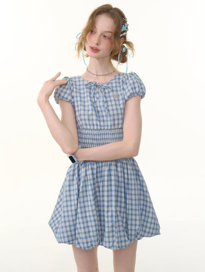 Retro Blue Plaid Puff Sleeve Dress ZIZ0288