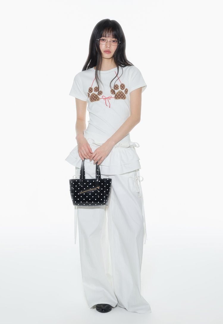 White Bow Cat Paw Print T-shirt ONT0013