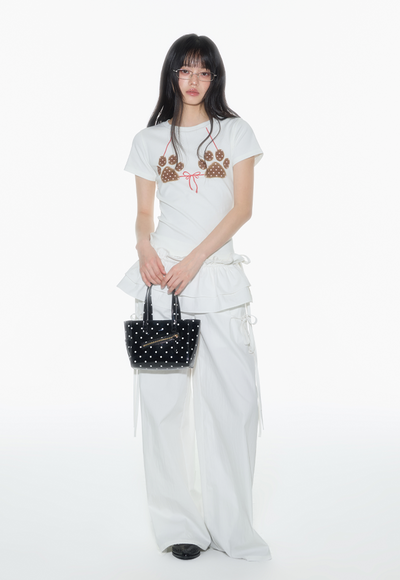 White Bow Cat Paw Print T-shirt ONT0013