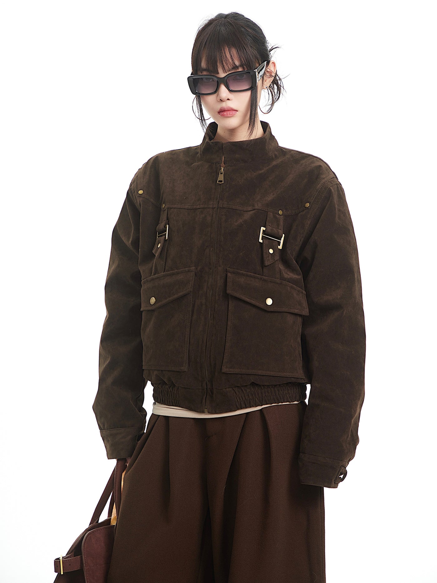 Brown Retro Suede Stand Collar Jacket UNC0330