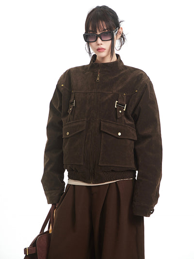 Brown Retro Suede Stand Collar Jacket UNC0330