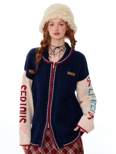 American Style Contrast Color Stitching Letter Soll Collar Rabbit Sweater Cardigan ZIZ0189