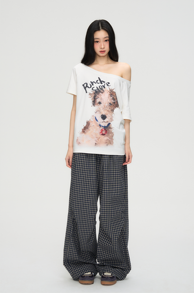Puppy Print One Shoulder T-shirt PUN0069