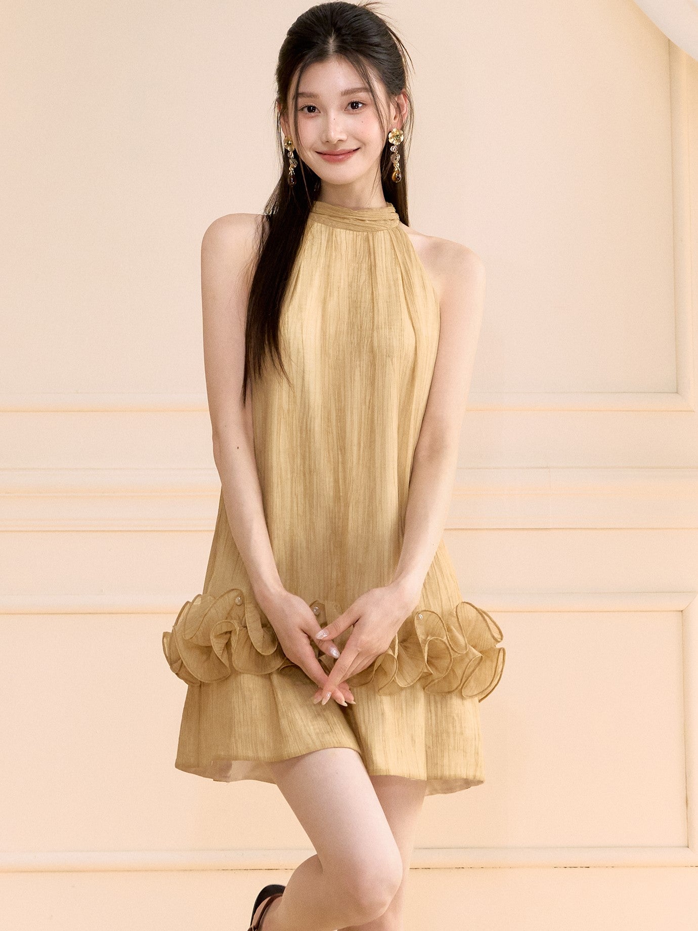 Honey Yellow Ruffle Short Dress OSH0116