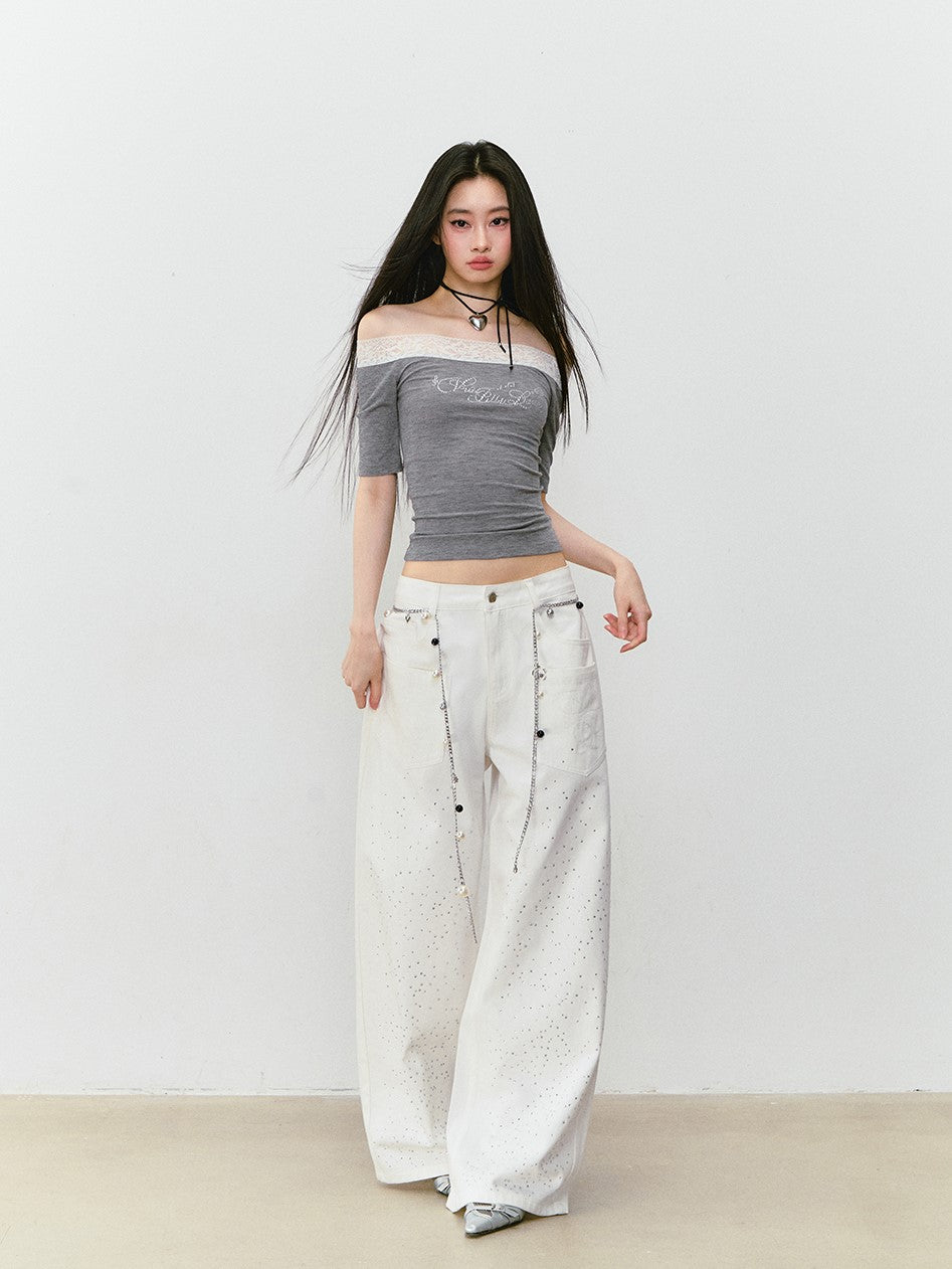 Rhinestone Wide-leg Denim Jeans VIA0328