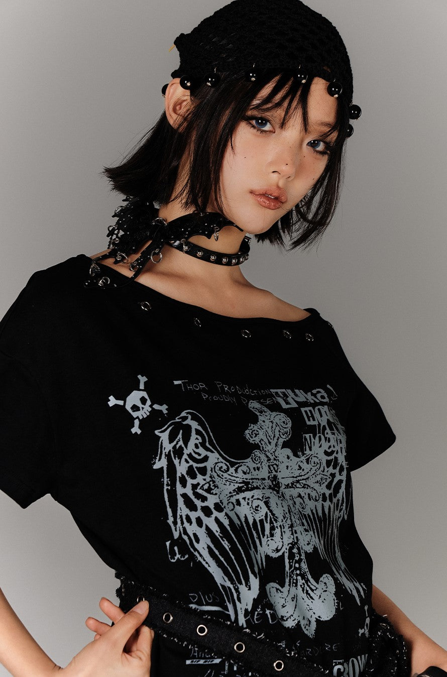Belt Off-shoulder Subculture T-shirt KIN0135