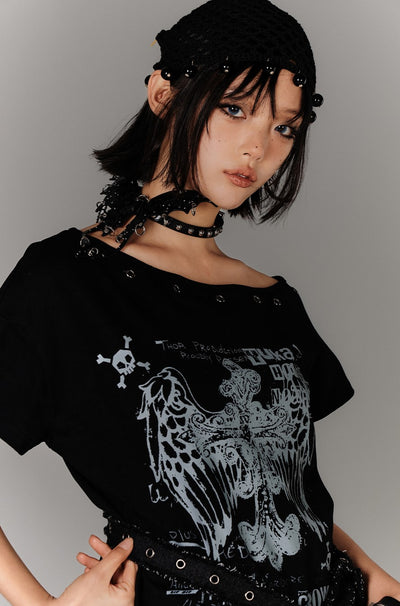 Belt Off-shoulder Subculture T-shirt KIN0135
