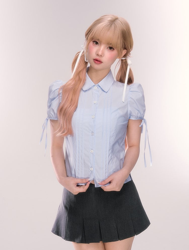 Blue Bowknot Puff Sleeve Shirt QDQ0069