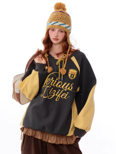 American Retro High-end Contrast Color Stitching Letters Loose Sweatshirt ZIZ0184