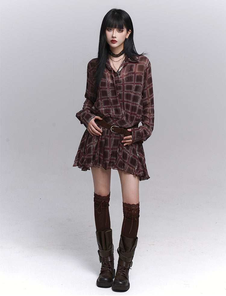 Red Brown Long-Sleeved Plaid Shirt Dress LAD0226
