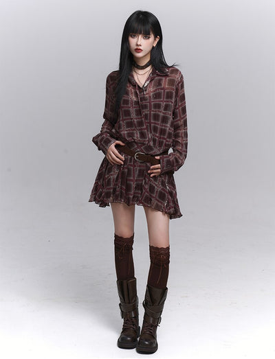 Red Brown Long-Sleeved Plaid Shirt Dress LAD0226