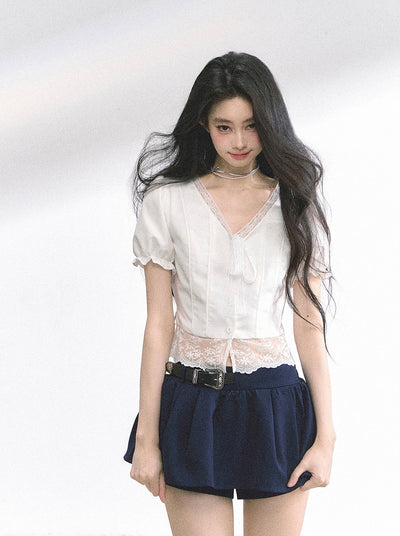 Lace V-neck Puff Sleeve Shirt DIA0521