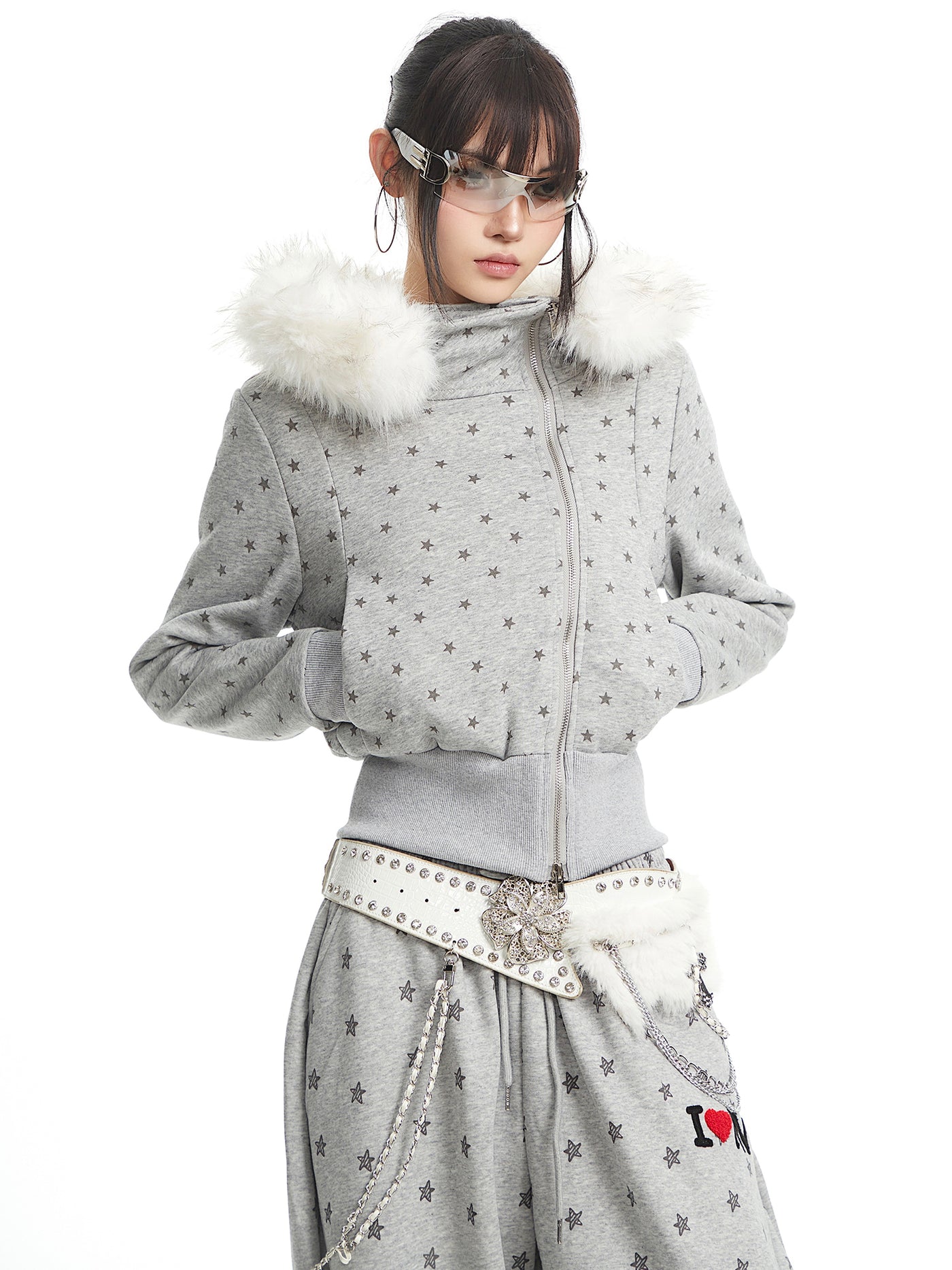 Full Star Design Fur-collar Hooded Jacket UNC0329