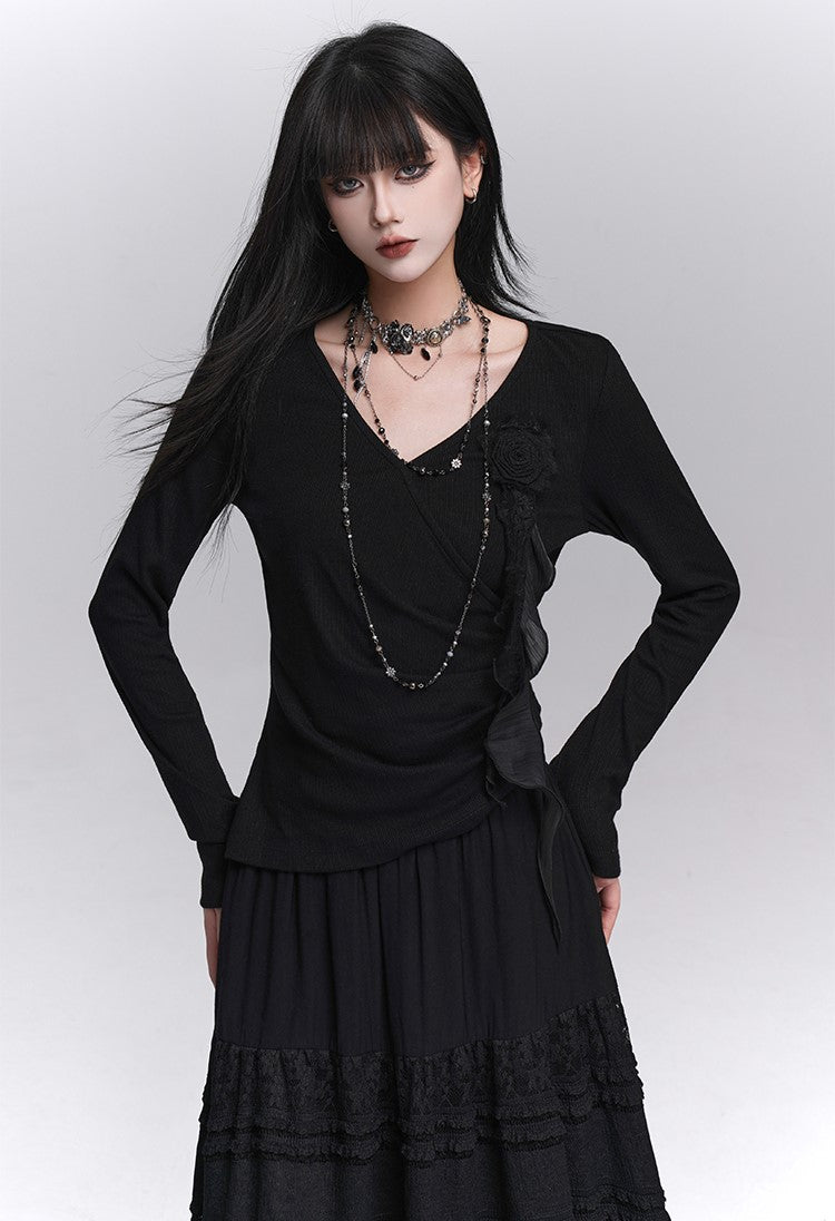 Stylish Rose Black Long-Sleeved Top LAD0236