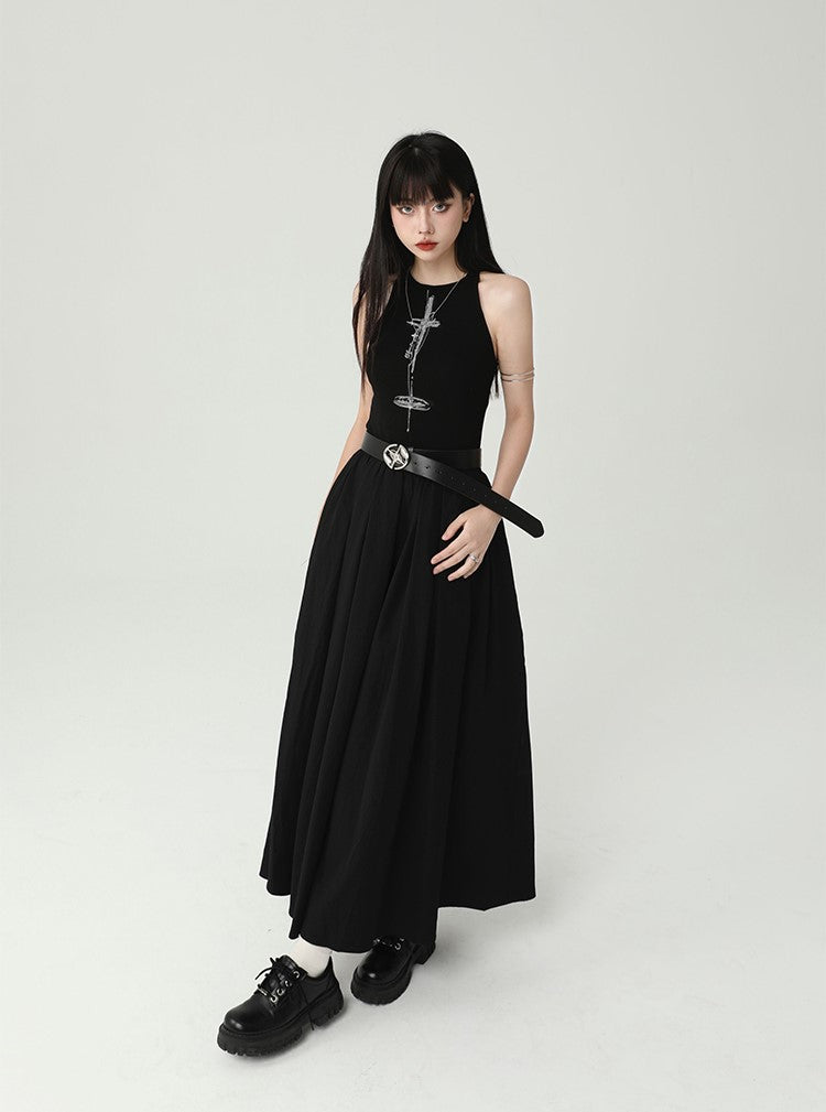 Black Sleeveless Suspender Long Dress LAD0094