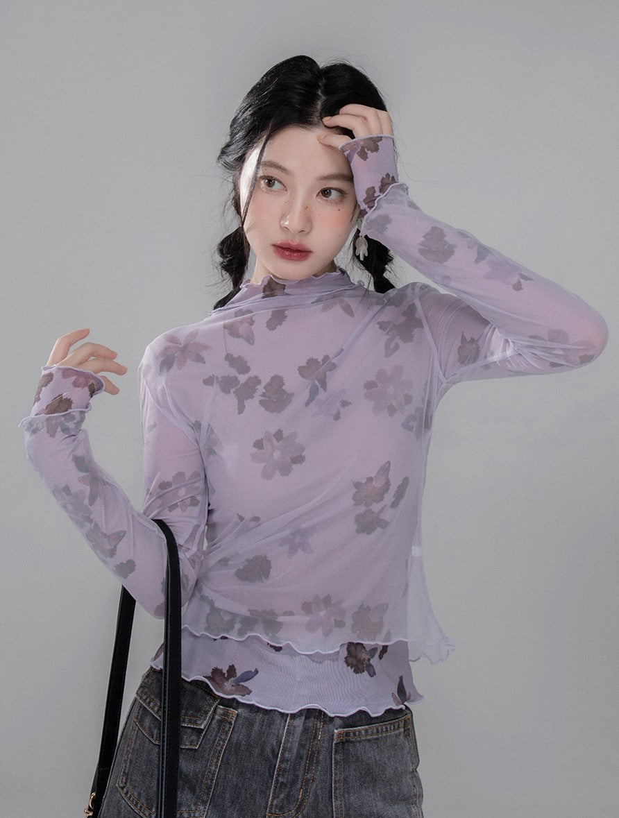 Layered Purple Flower Mesh Shirt COT0351