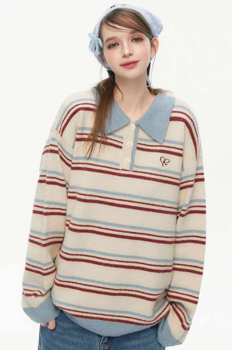 Retro Polo Collar Striped Sweater SPE0075