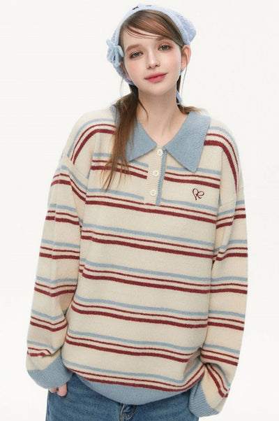 Retro Polo Collar Striped Sweater SPE0075