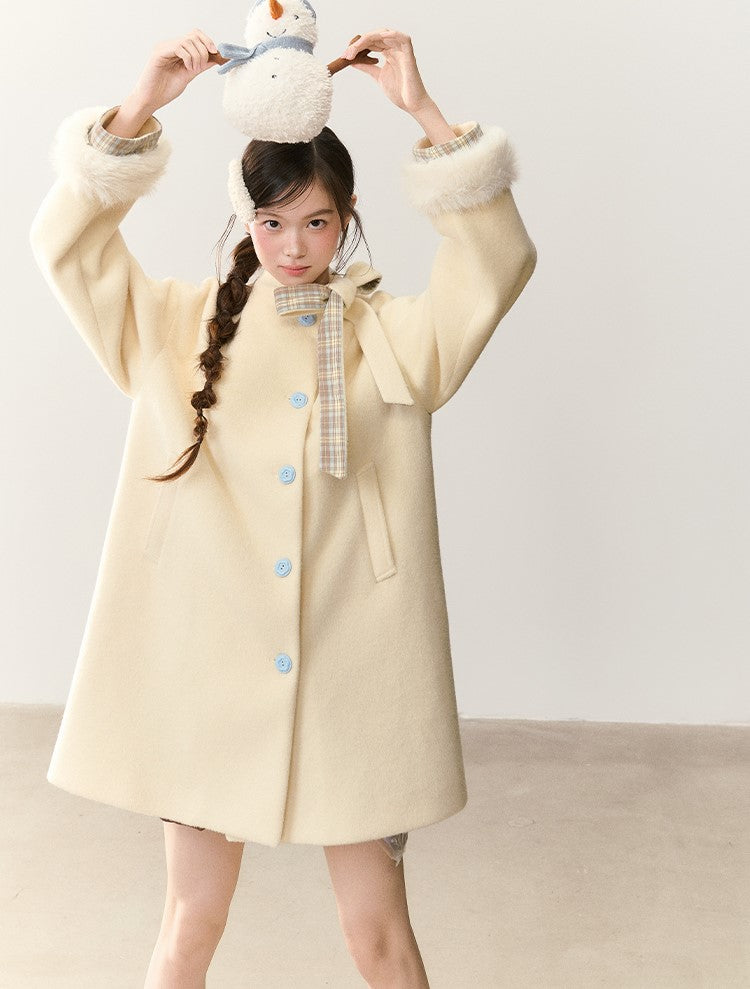 Bow Tie Plaid Patchwork Wool Coat NTO0244