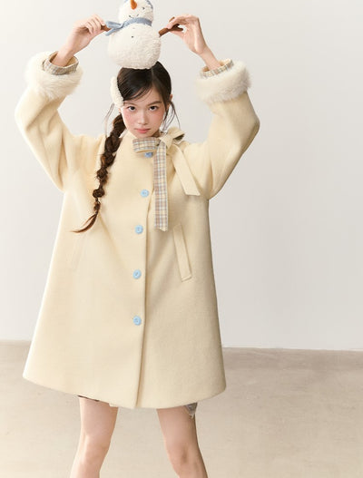 Bow Tie Plaid Patchwork Wool Coat NTO0244