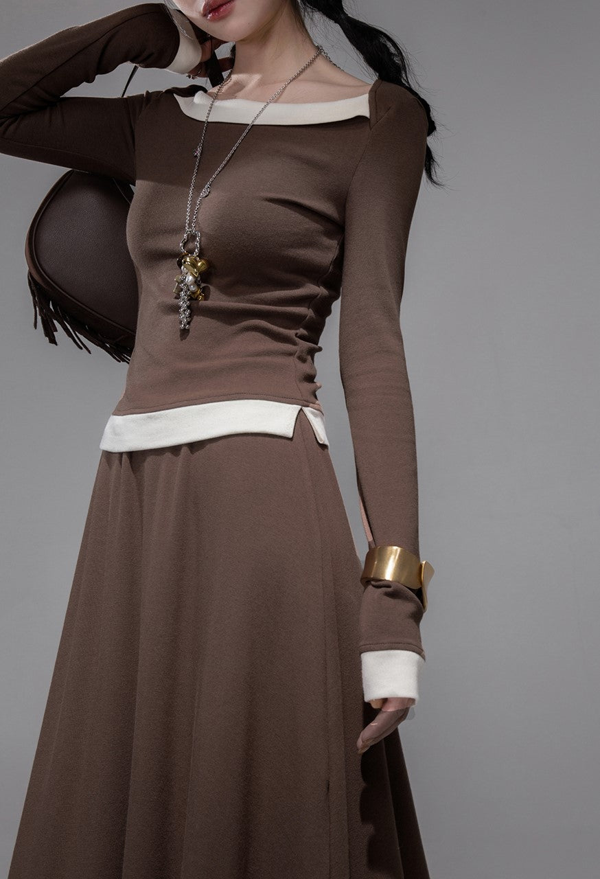 White Milk Coffee Contrast Top+Skirt COT0359