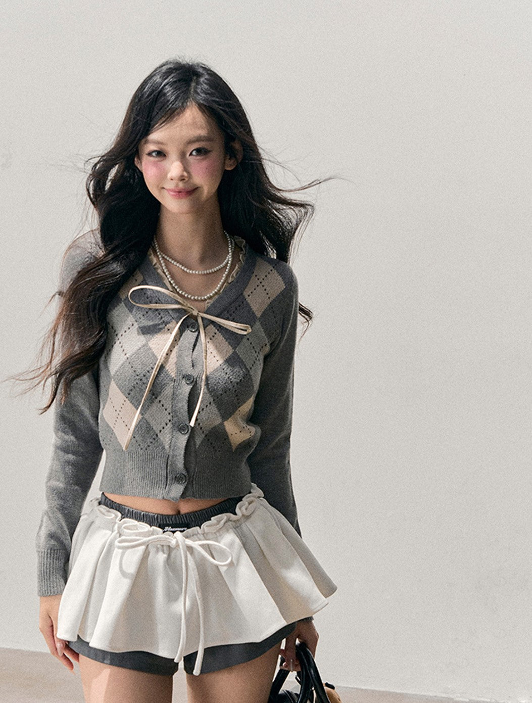 French Argyle Knitted Short Cardigan DIA0763