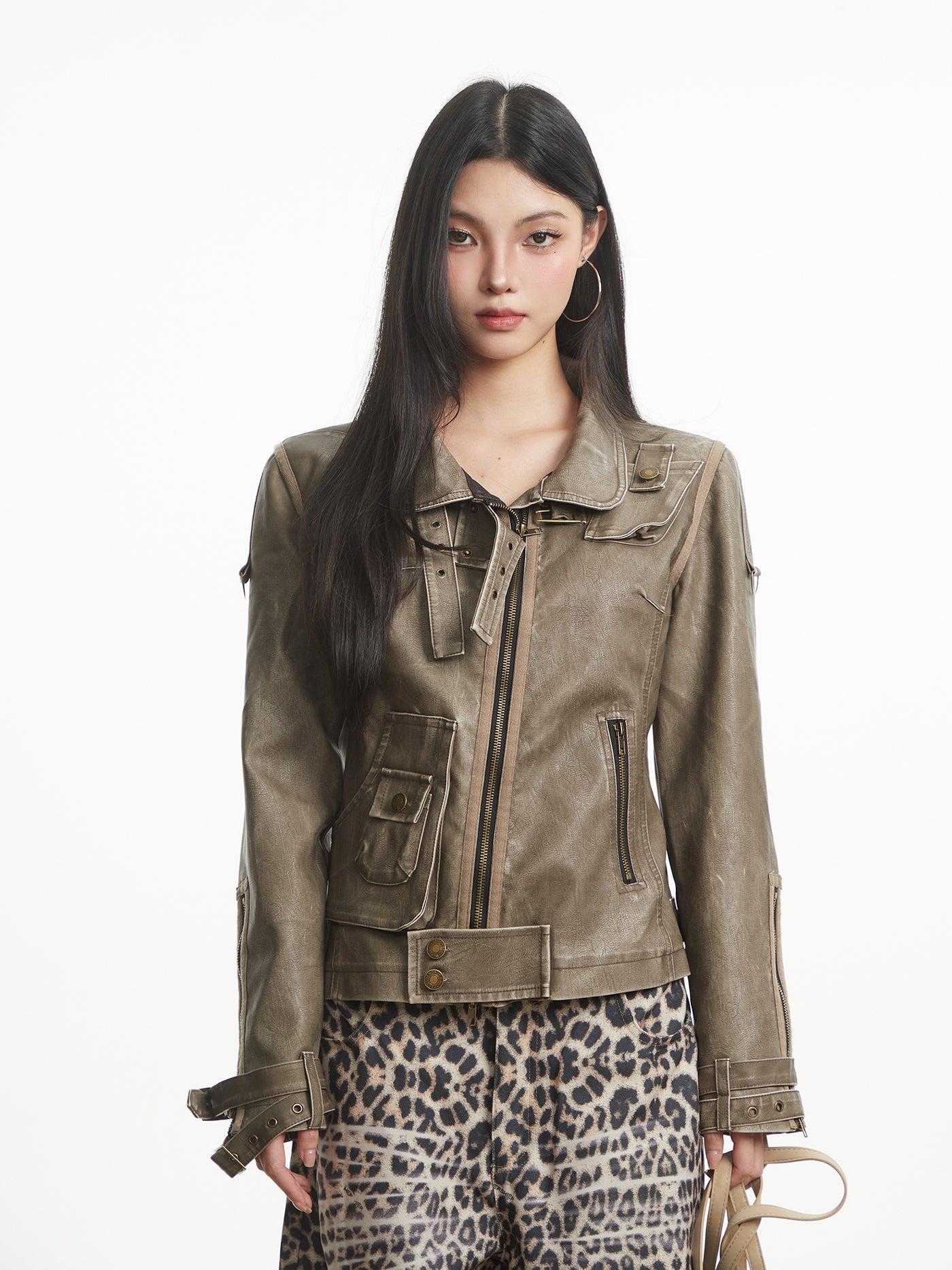 Punk Distressed Leather Workwear Jacket UNC0315