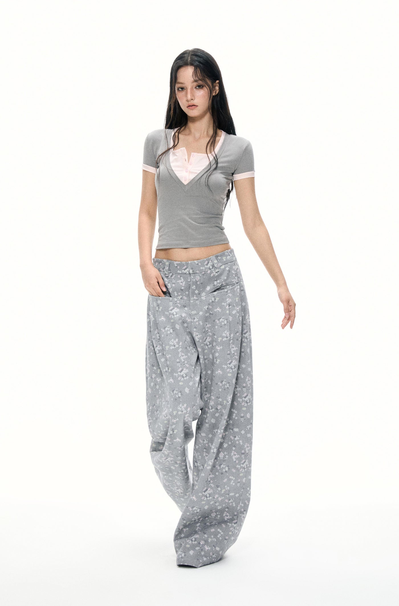 Gray Floral Casual Wide Leg Pants APE0384