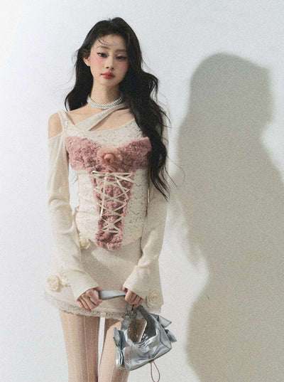 Rose Lace Long Sleeve Slimming Off-shoulder Knitted Sweater DIA0257