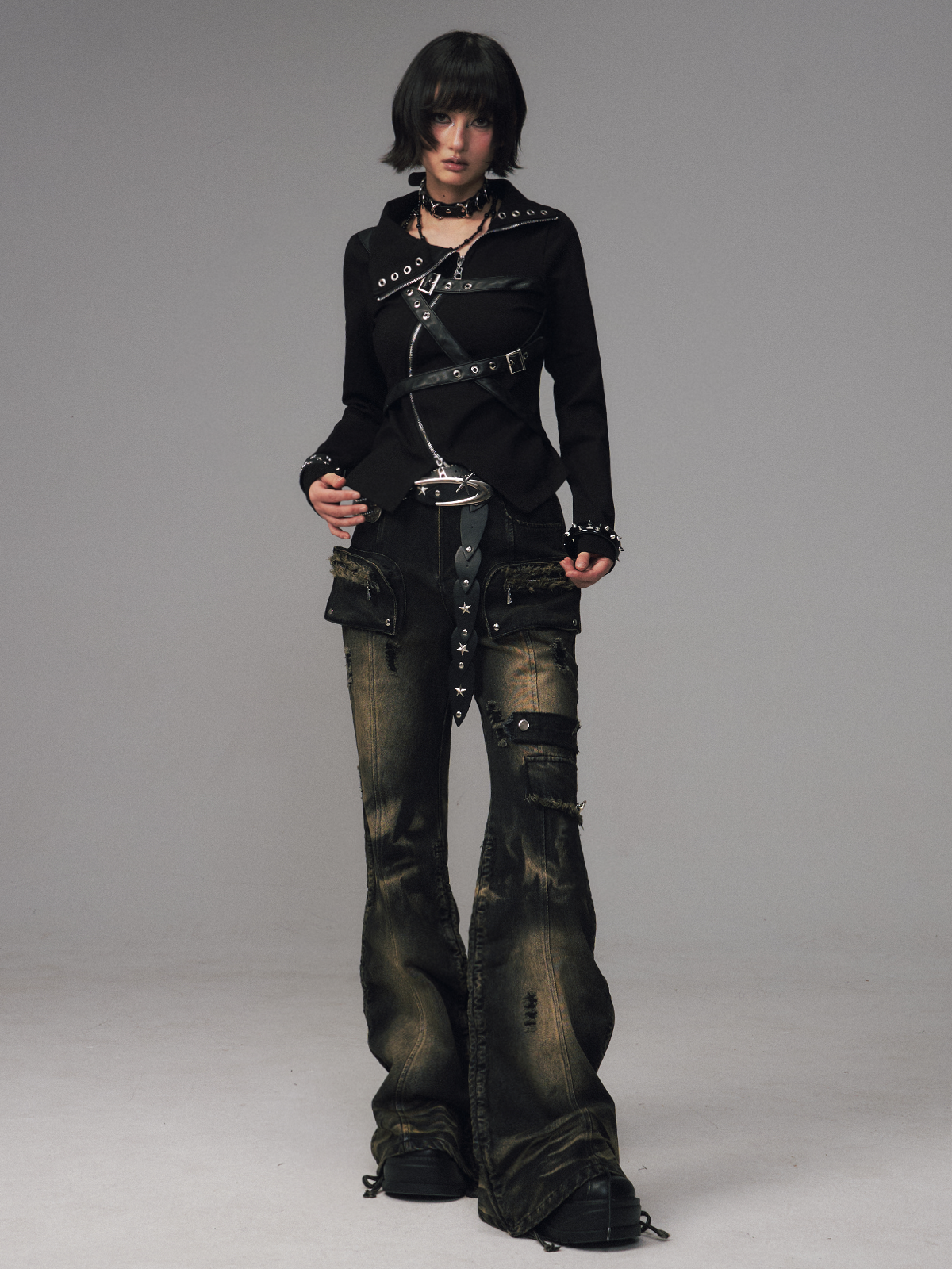 Punk Retro Pockets Slim Fit Flared Jeans FRU0131