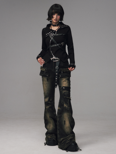 Punk Retro Pockets Slim Fit Flared Jeans FRU0131