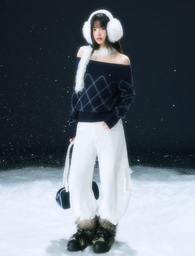 Off-Shoulder Diamond Pattern Sweater WEE0107