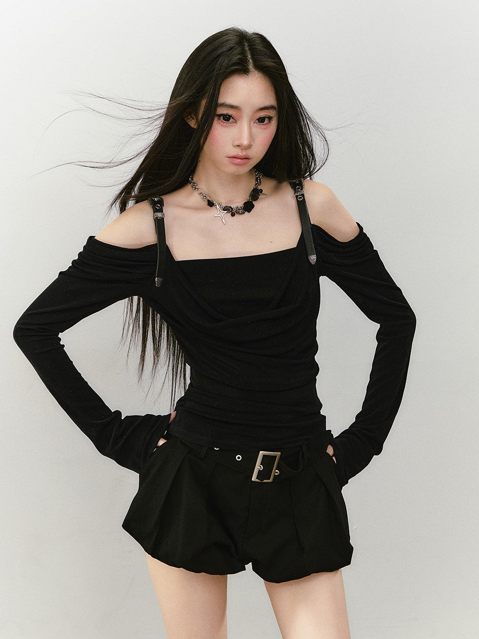 Leather Shoulder Strap Long-sleeved T-shirt VIA0336