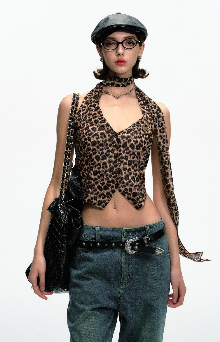 Leopard Print Metal Label Versatile Irregular Halter Neck Vest DPR0054