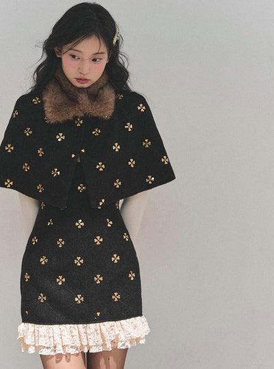 Sequins Design Dress/Detachable Fur Collar Cape DIA0750