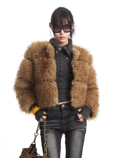 Brown Short Faux Fur Fluffy Coat UNC0332