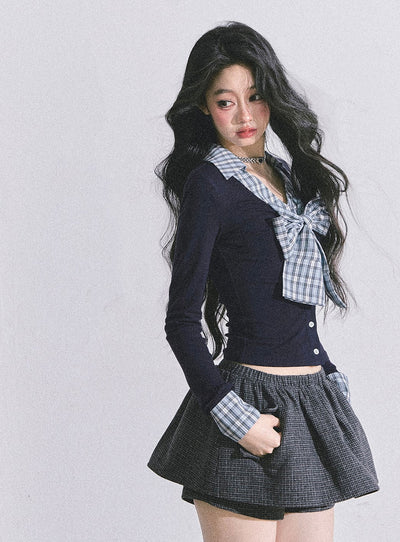 Fake Two-piece Bow Plaid Shirt DIA0599